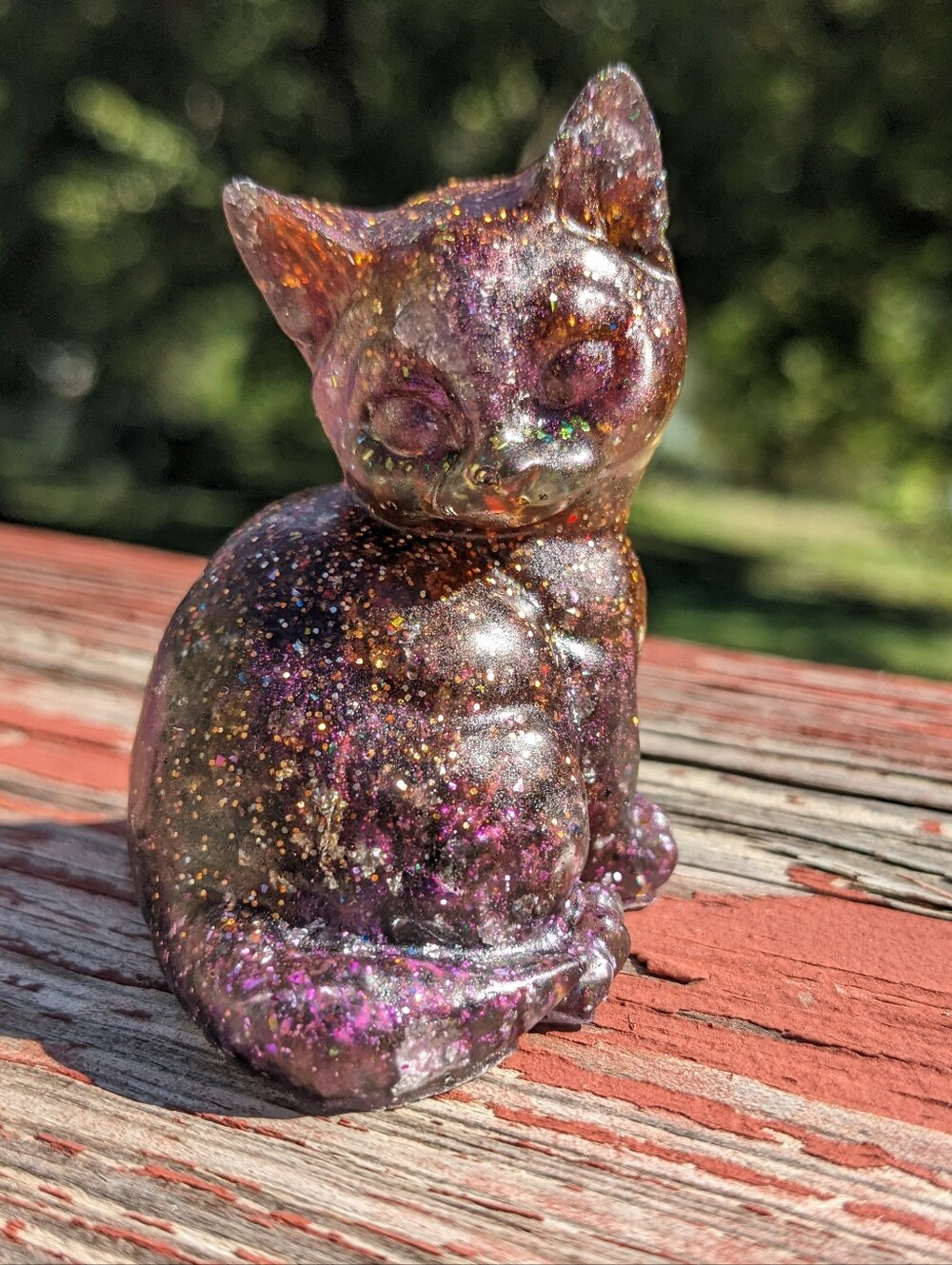 Purple Glitter Resin Cat Figurine Handmade Sparkle Cute
